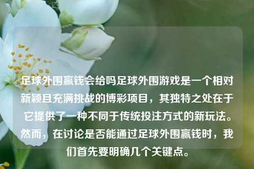 足球外围赢钱会给吗足球外围游戏是一个相对新颖且充满挑战的博彩项目，其独特之处在于它提供了一种不同于传统投注方式的新玩法。然而，在讨论是否能通过足球外围赢钱时，我们首先要明确几个关键点。